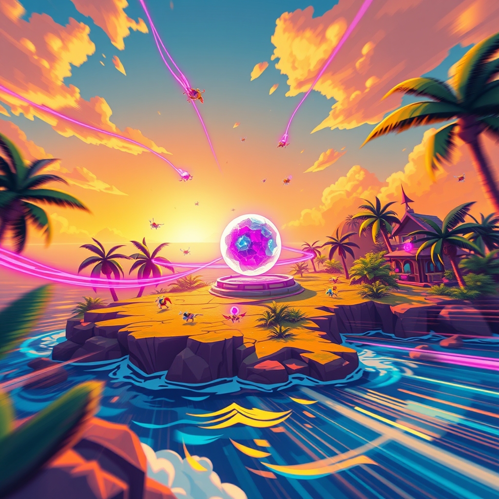 Neon-lit tropical battle royale island with glowing sprite-like creatures and motion trails