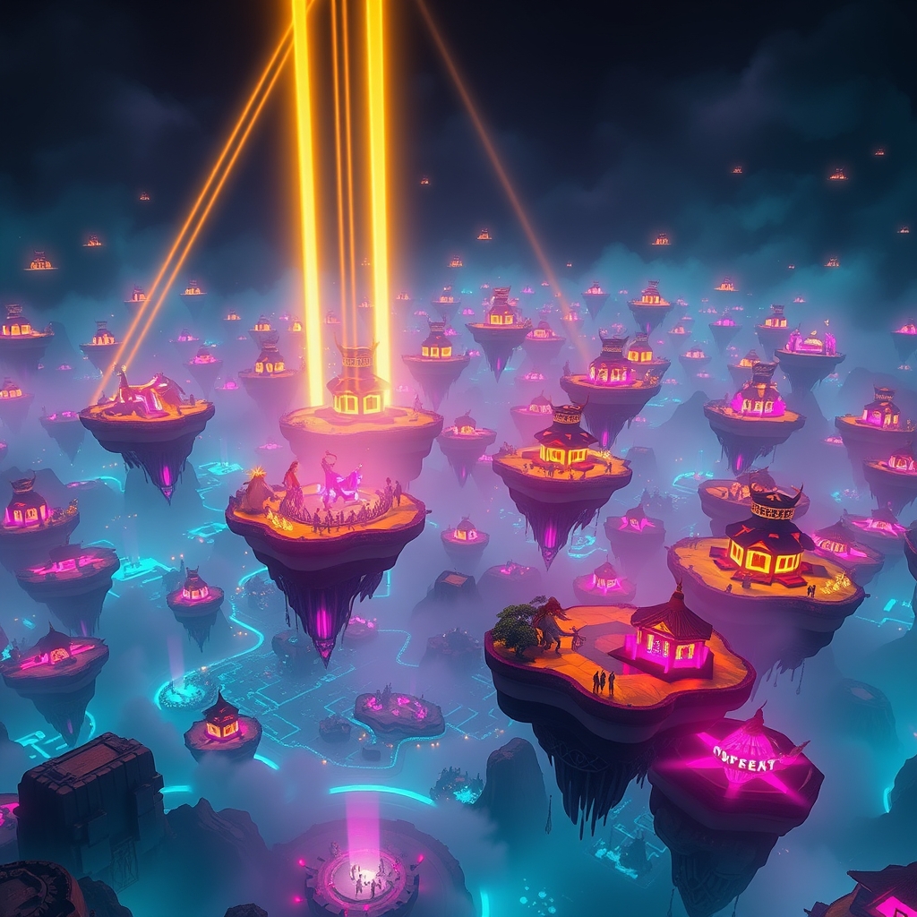 Neon-lit floating islands above a stadium, evoking a thriving creator-game ecosystem