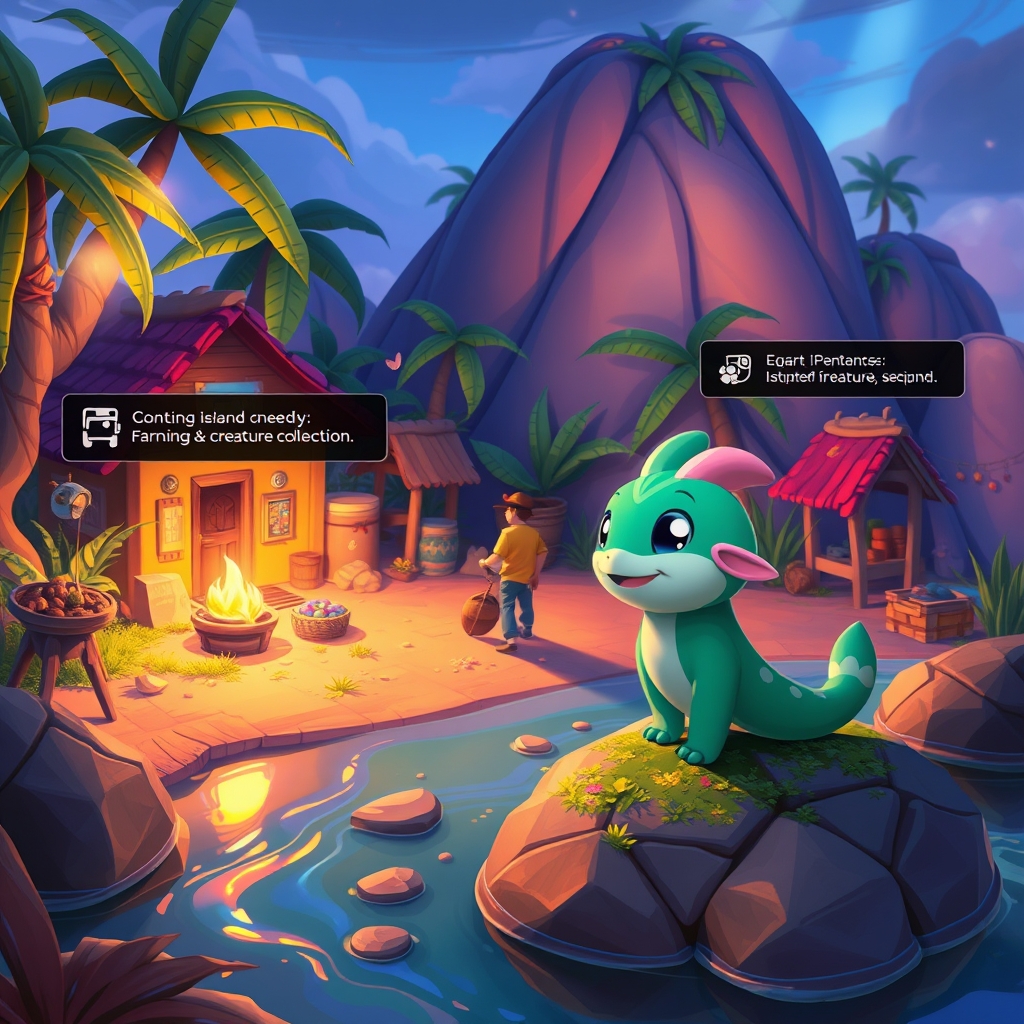 Fantasy companion creature standing beside a player character in a bright island scene