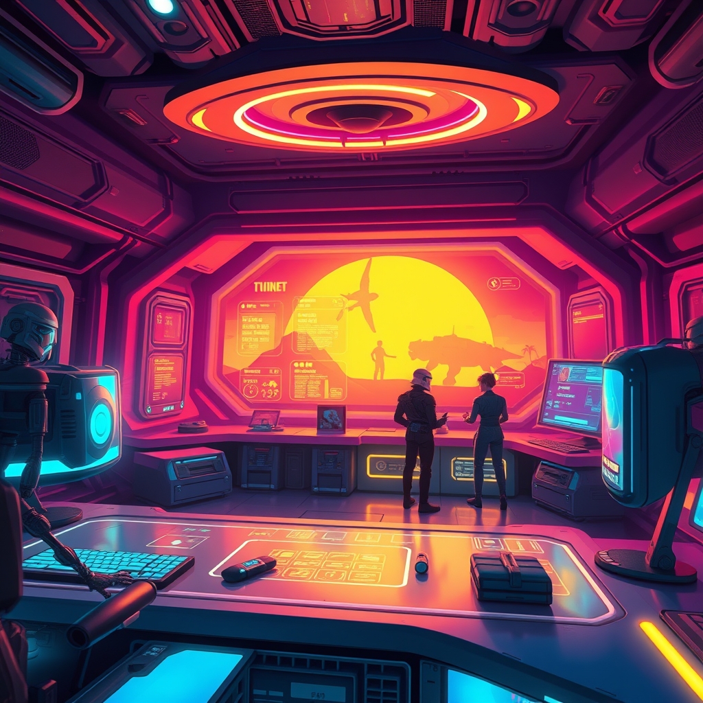 Creator workspace with sci-fi props, a quest interface, and a game editor UI
