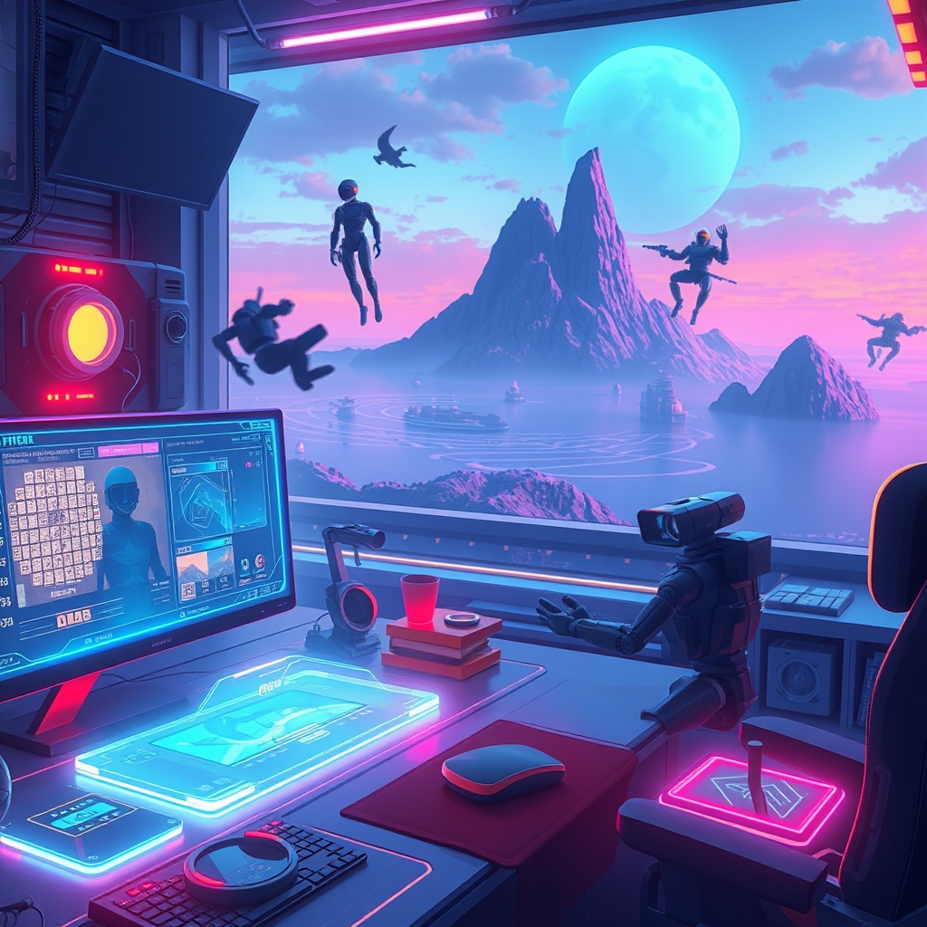A futuristic editor workspace overlooking a sci-fi island with holographic UI
