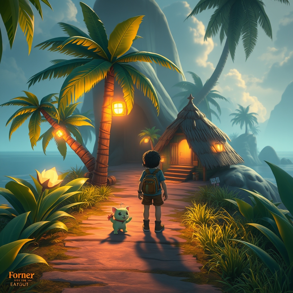 A small companion creature standing beside a builder on a lush island path