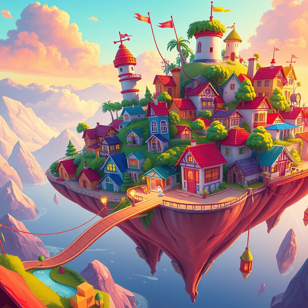A colorful island city inspired by a cartoon family town at sunset