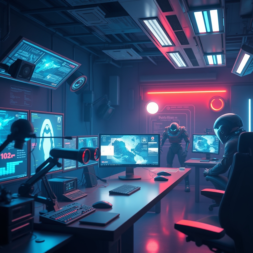 A game-dev workspace with sci-fi props and tool panels