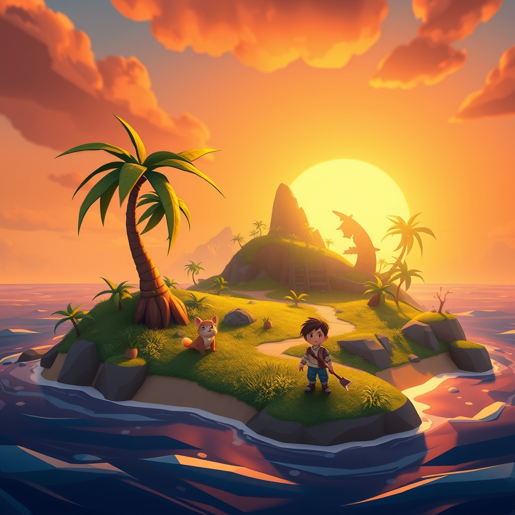 A small companion creature standing beside a game character in a stylized island world
