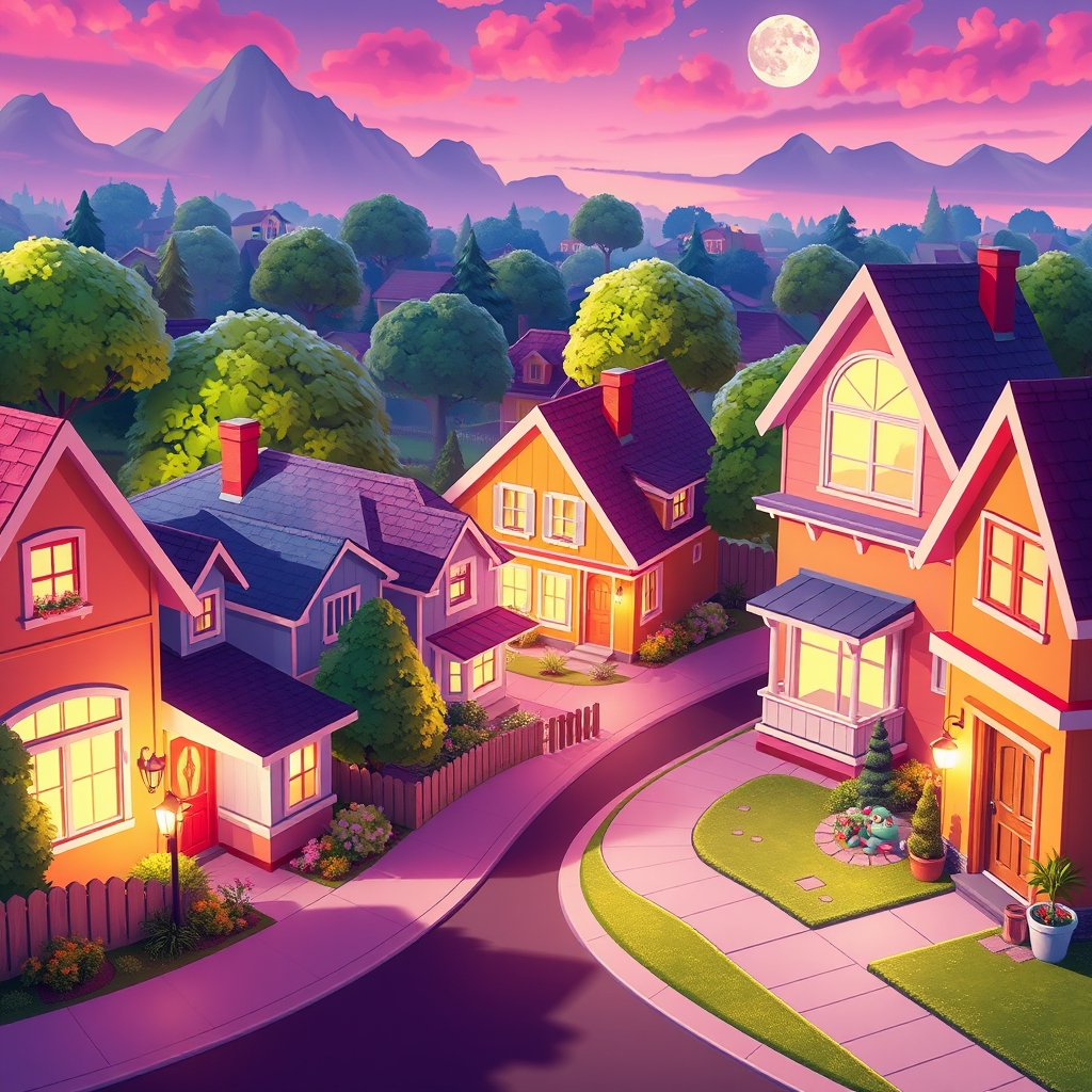 A colorful cartoon town inspired by suburban animation