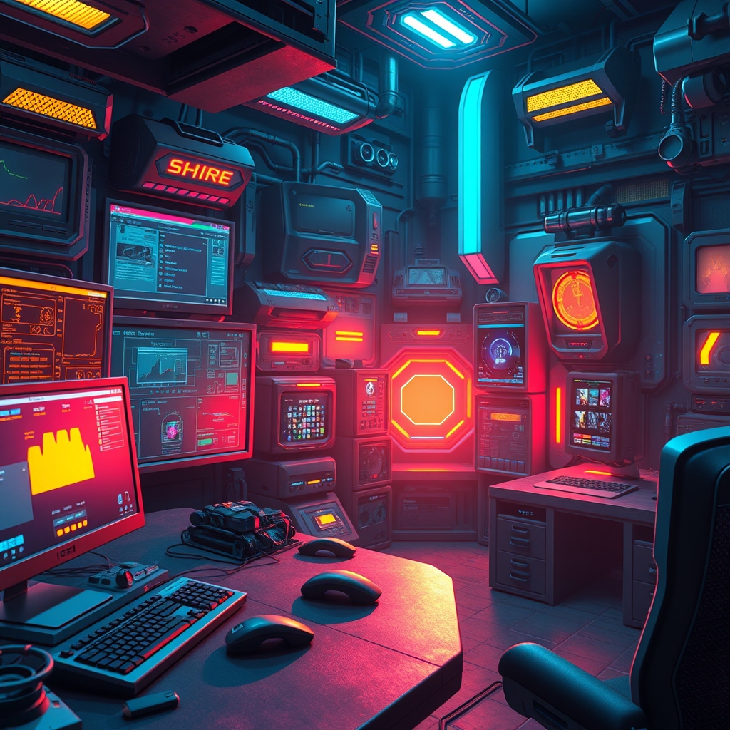 Futuristic game editor scene with droids and interface widgets