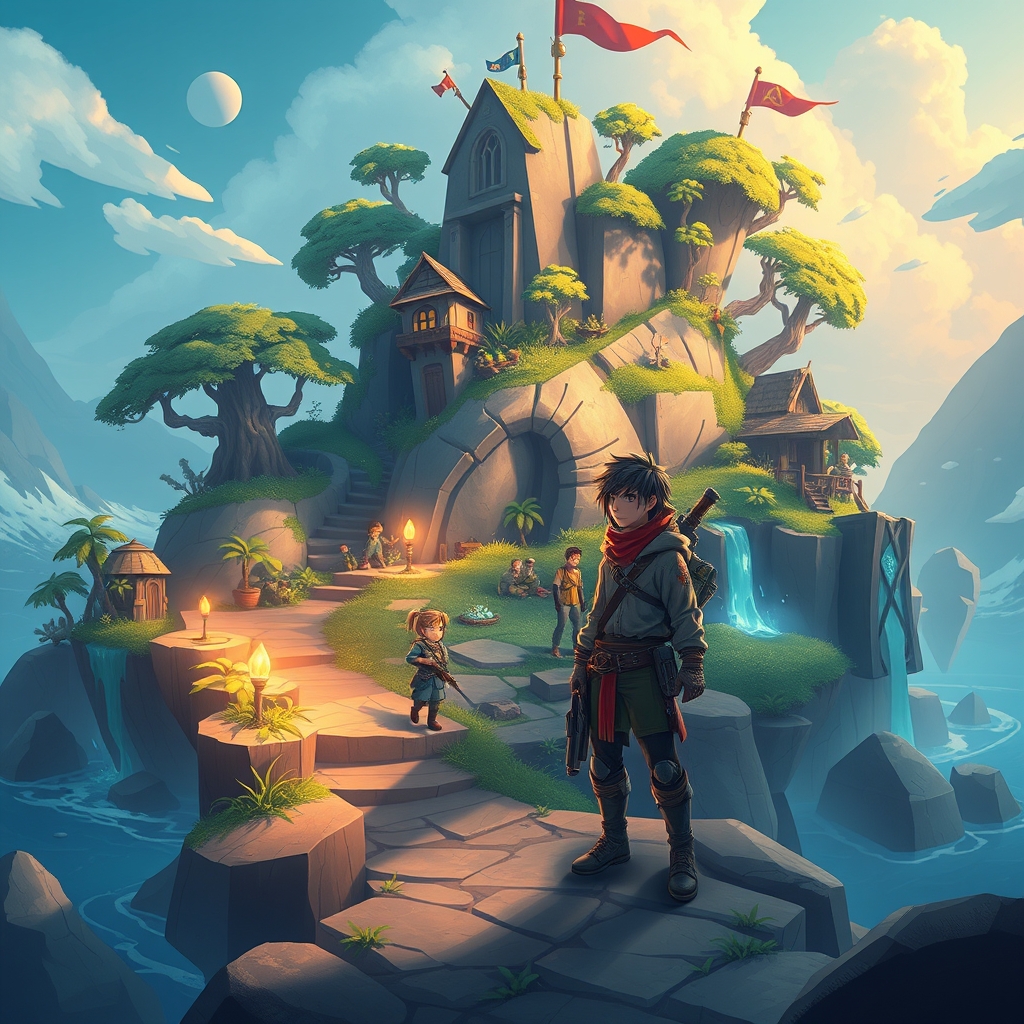 Companion character standing beside a player in a colorful island scene