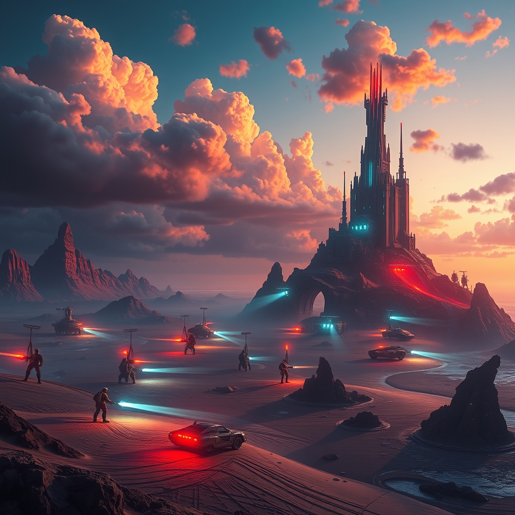 A cinematic space-themed island with vehicles and a battlestation vibe
