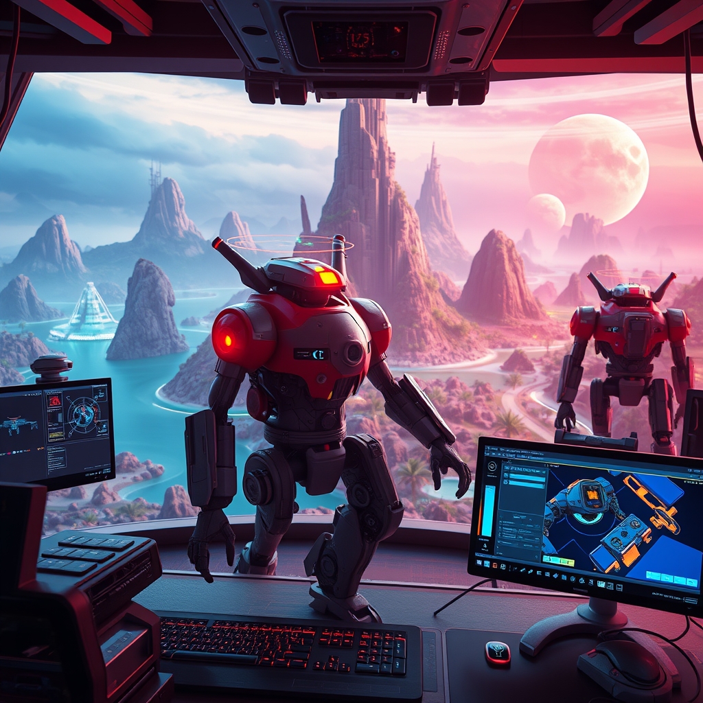 A sci-fi editor workspace with droid models, camera controls, and interface panels