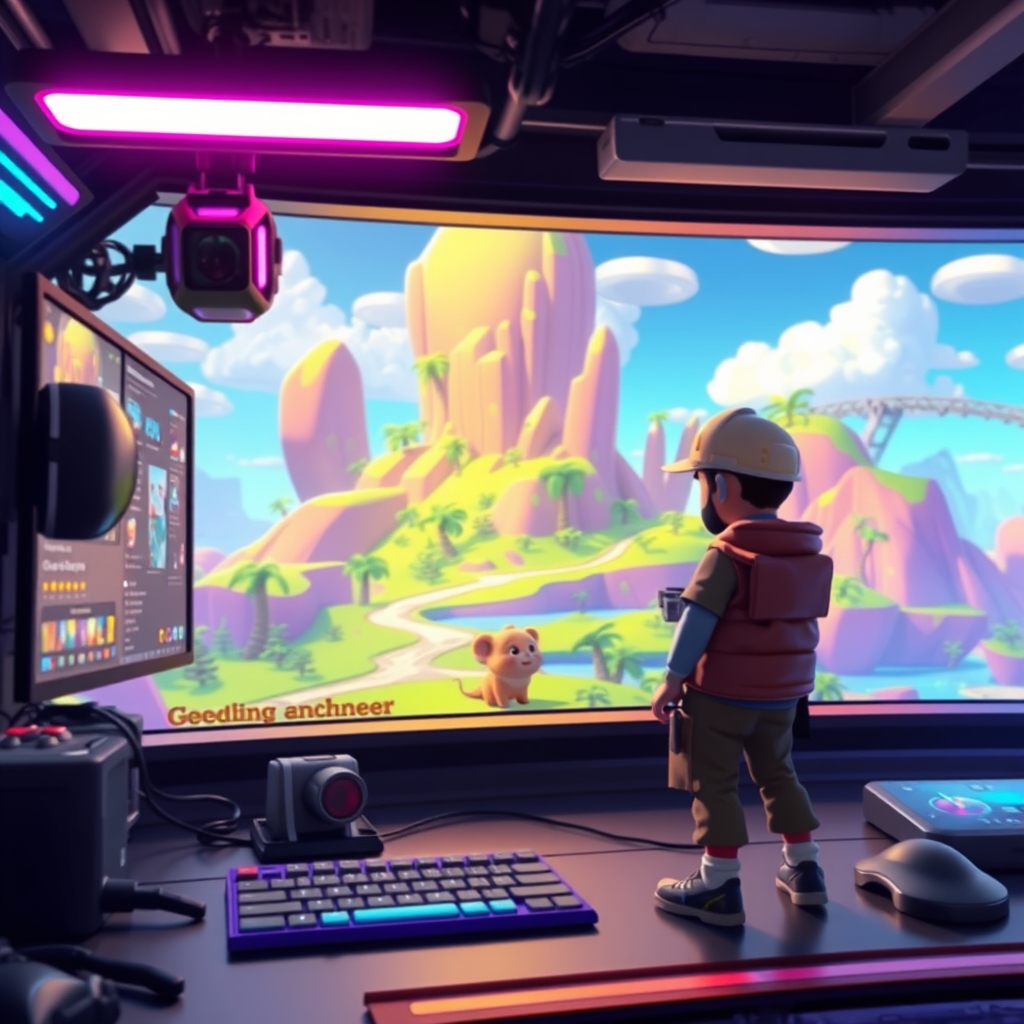A stylized game world with a friendly companion creature beside a creator-built character
