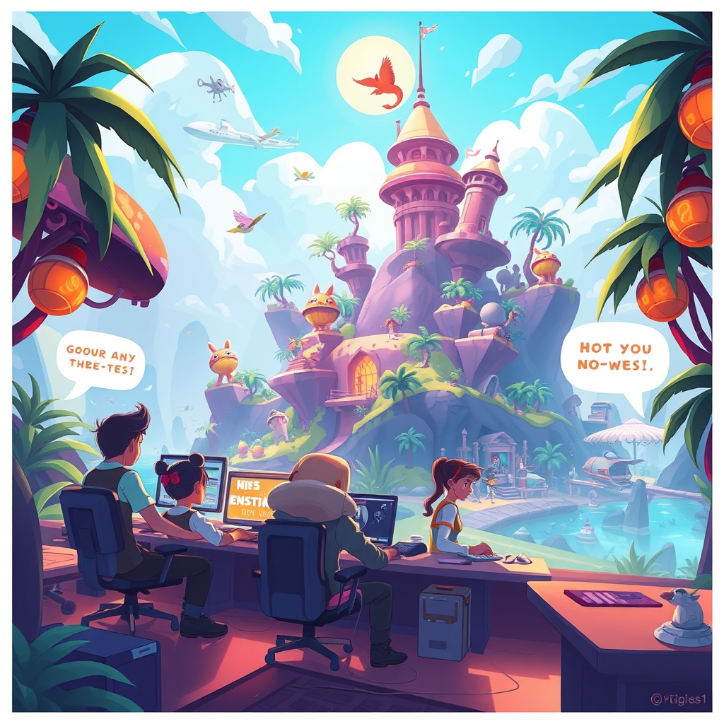 Stylized game-companion creatures in a creator-built island