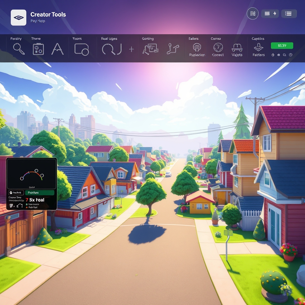 Animated suburban cartoon-inspired game world with a creator dashboard