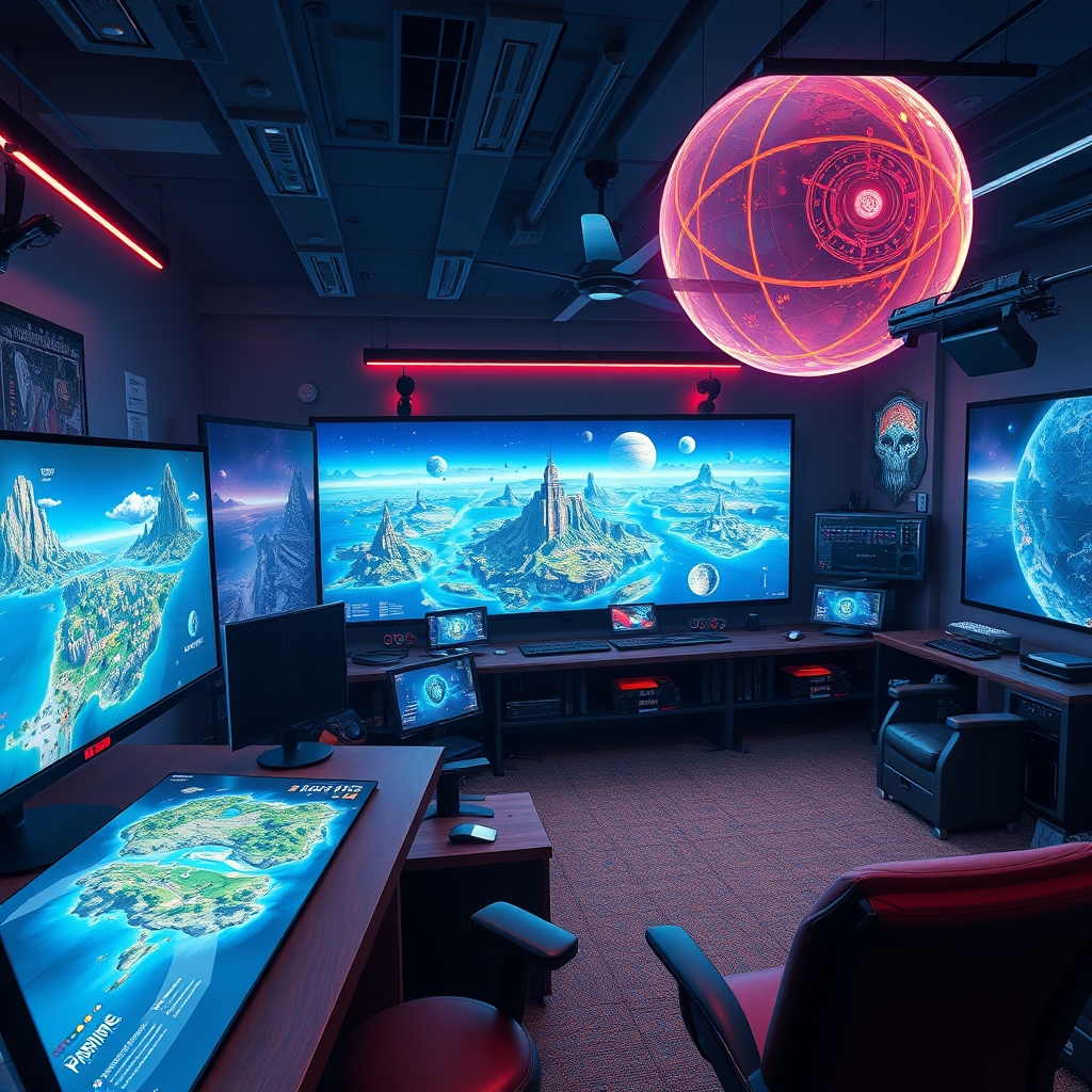 A sci-fi game studio workspace with starfighter props and island maps