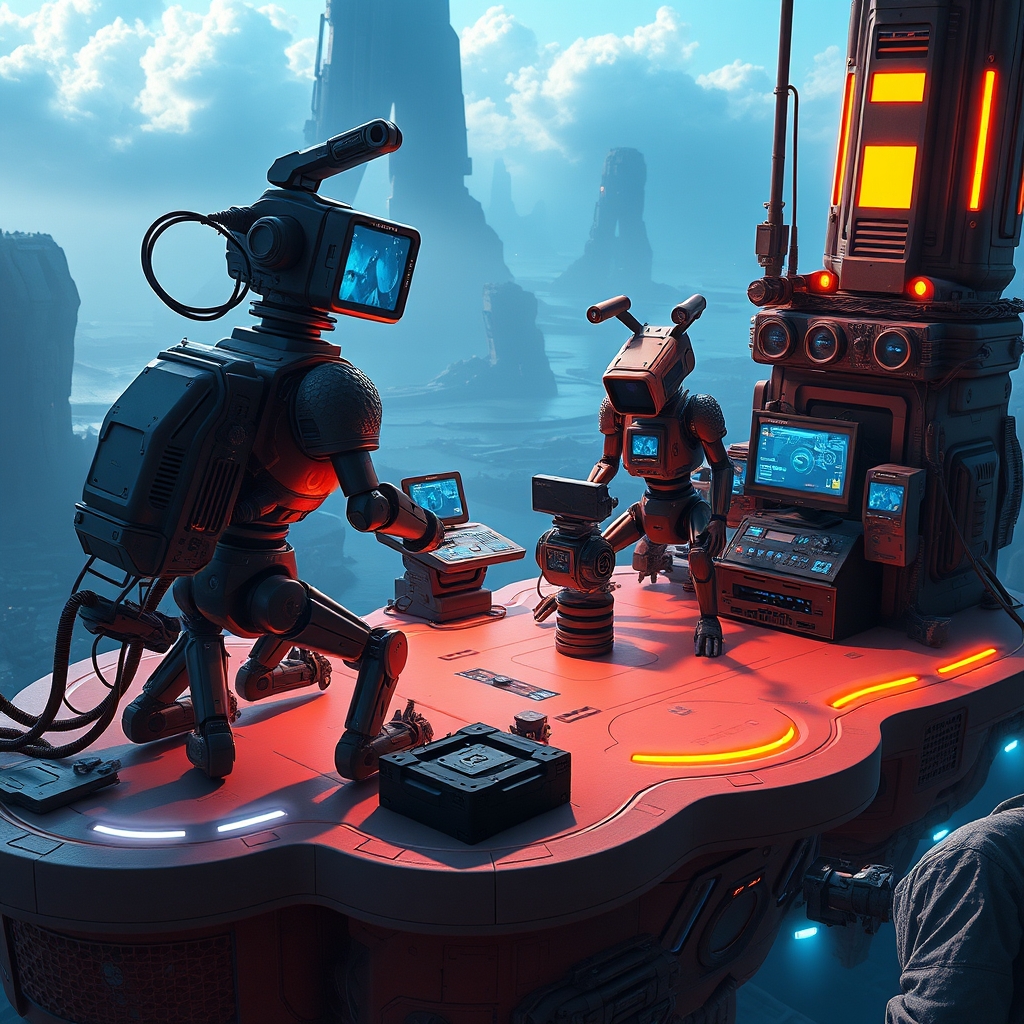 A futuristic Fortnite island build with cameras, droids, and UI panels