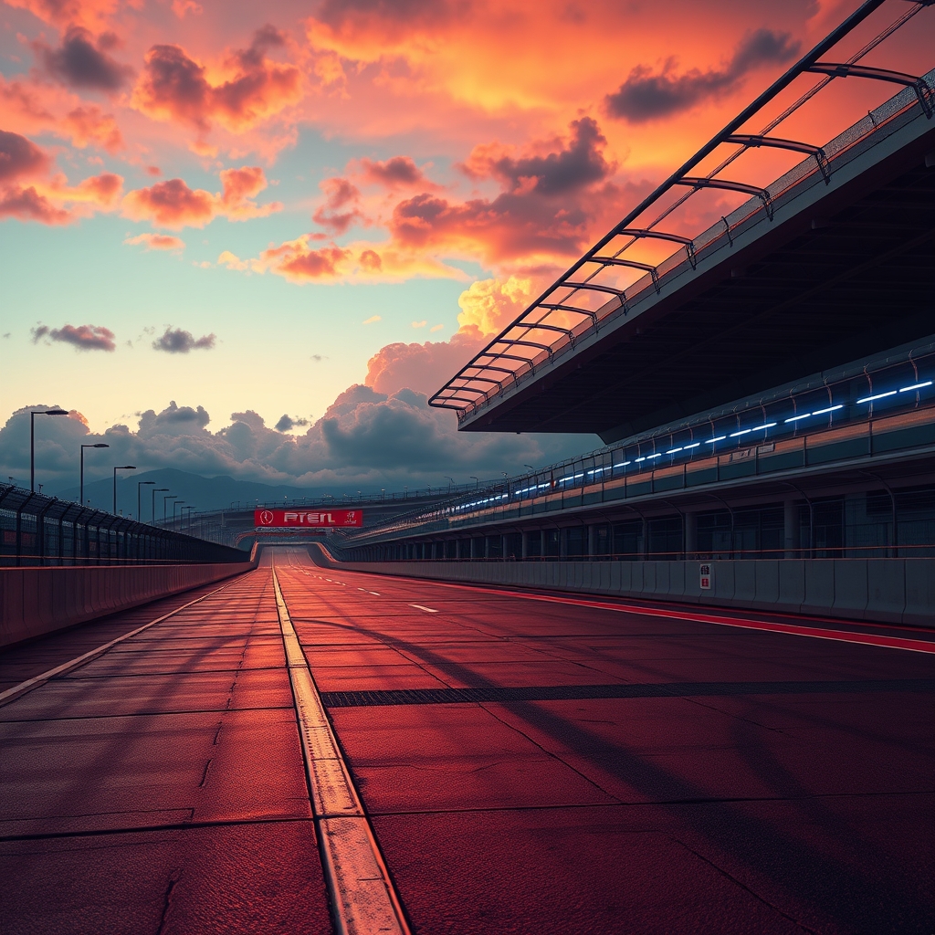 Empty racing track under dramatic skies