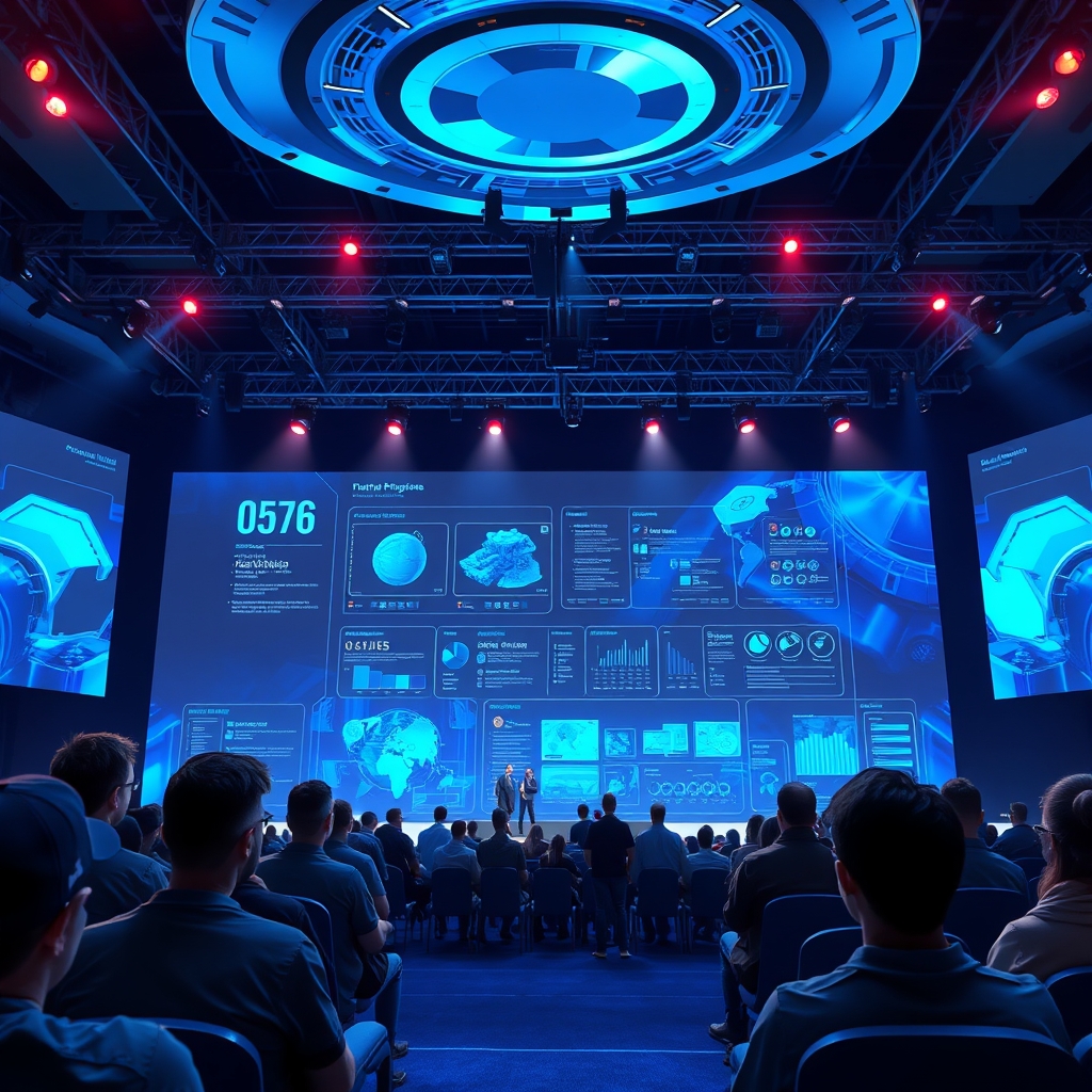 Developer keynote stage with abstract engine visuals