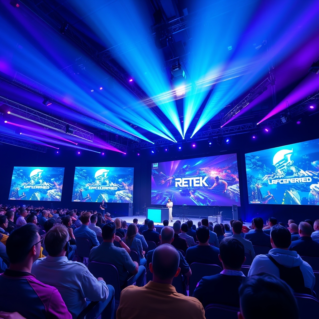Conference stage with large screens and developers watching a keynote