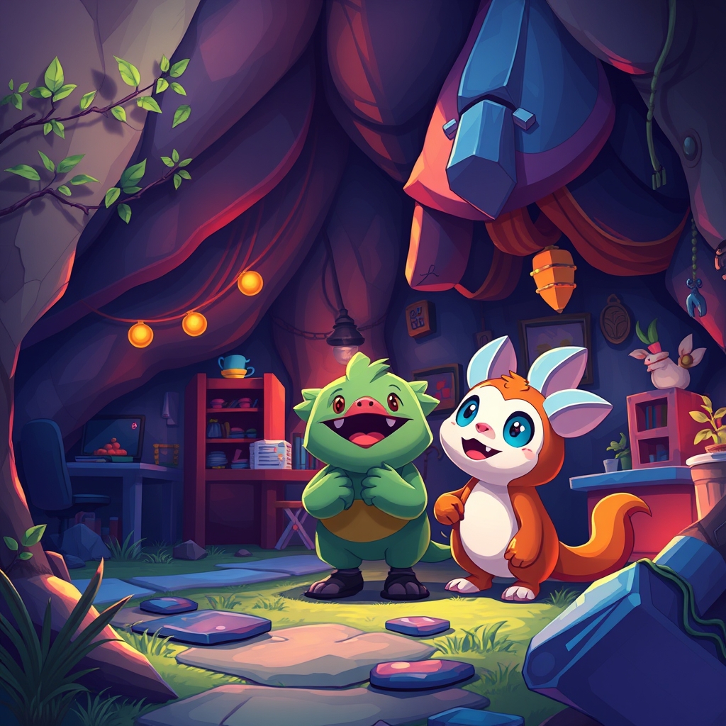 Friendly creature companion in a colorful game world with creator tools