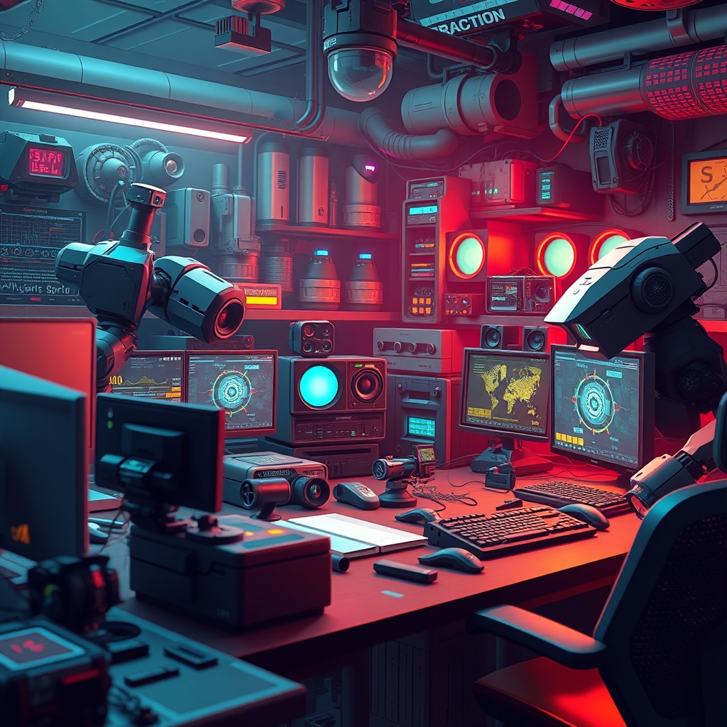 A futuristic game editor scene with floating tools and sci-fi props