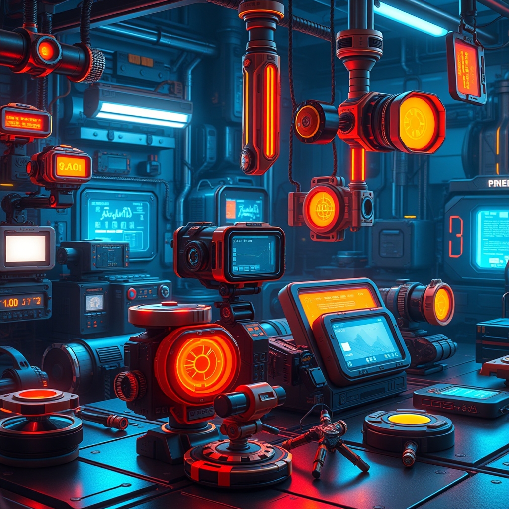 Sci-fi tools and game assets arranged on a futuristic workbench