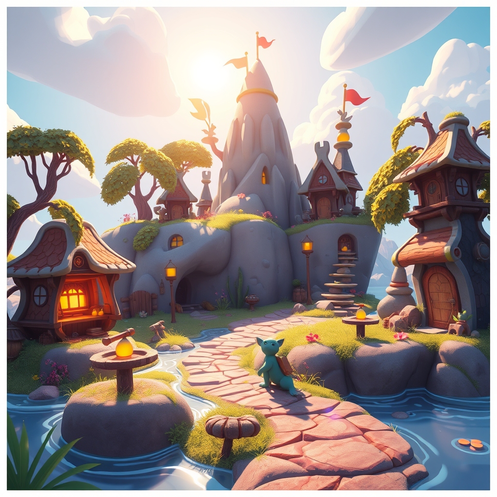 A small creature companion standing beside a creator-built island path