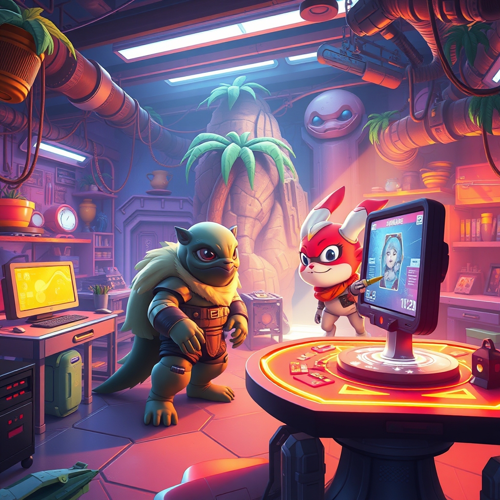 Stylized game companion standing beside a builder in a creative sci-fi scene