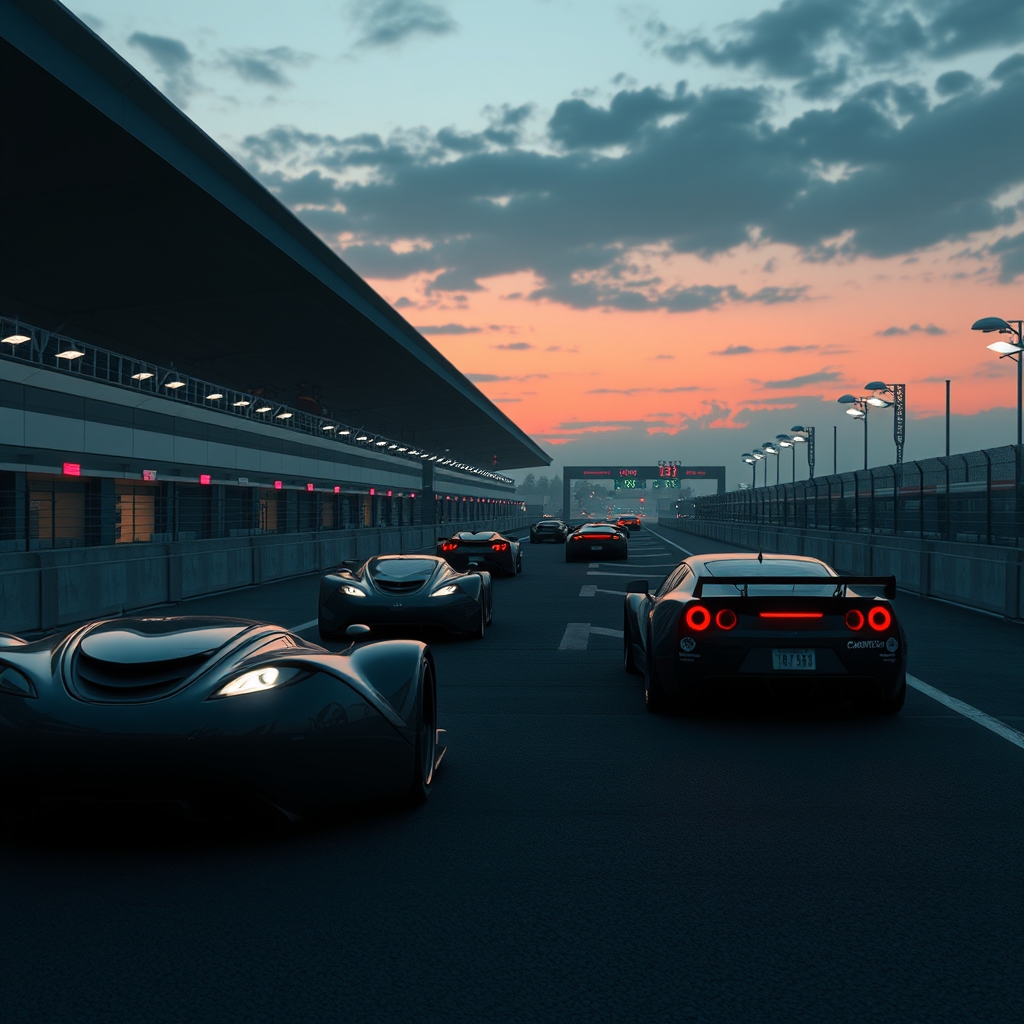Empty racing track at sunset with futuristic cars parked near a warning sign
