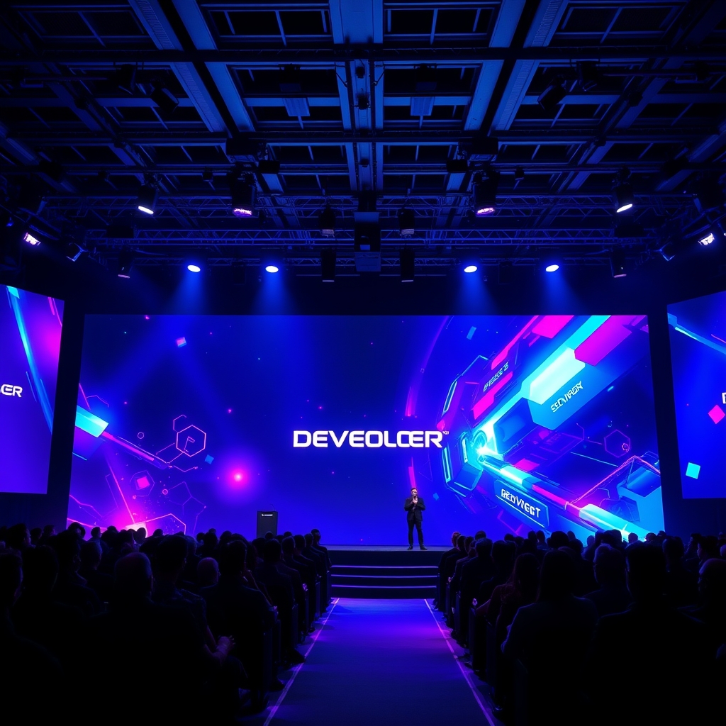 Stage presentation with a large abstract engine graphic and developers in a keynote hall