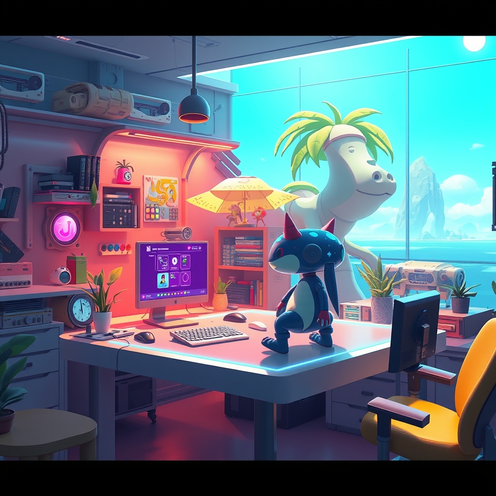 A stylized creature companion standing beside a game-builder console