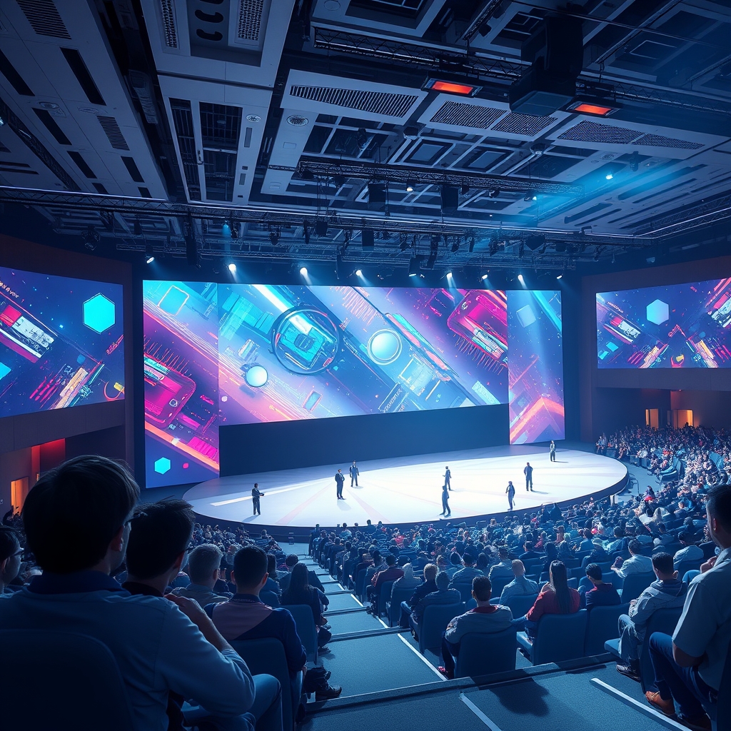 A dramatic stage keynote with abstract engine visuals and developers watching