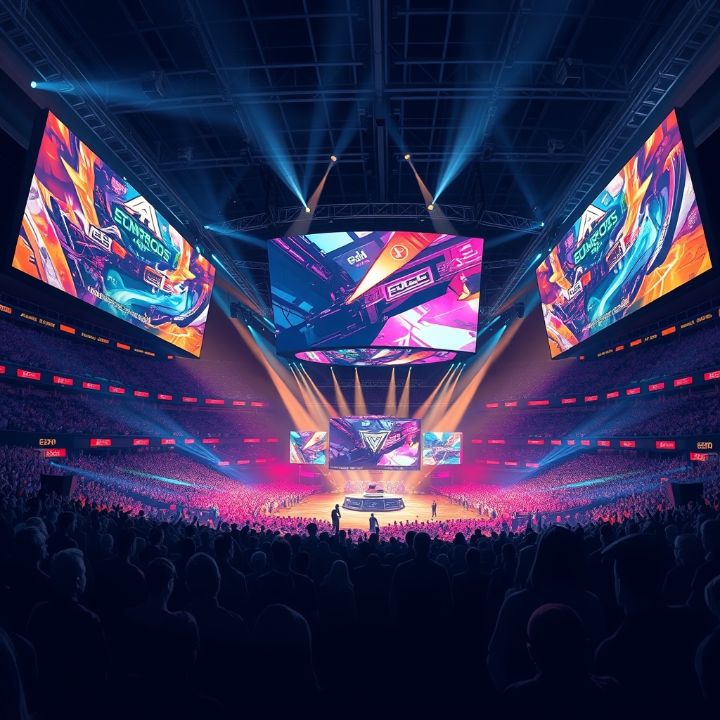 Fortnite esports arena with stage lights and tournament atmosphere