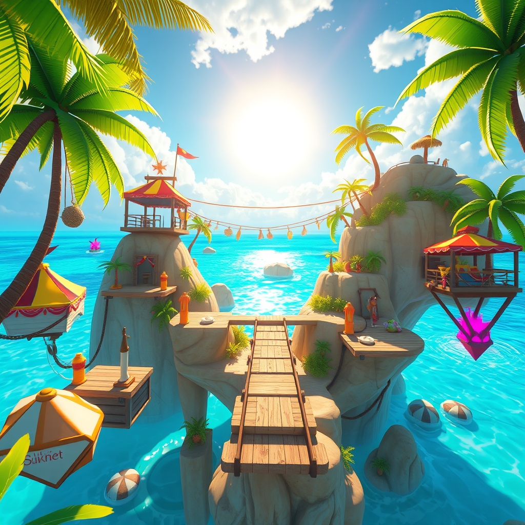 Bright summer-themed Fortnite island with obstacle course elements and colorful props