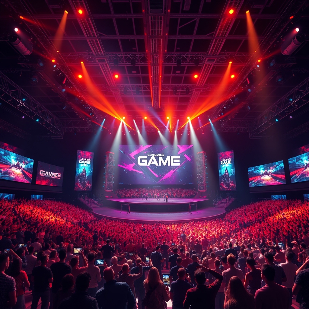 Crowded convention floor with giant screens showing upcoming games