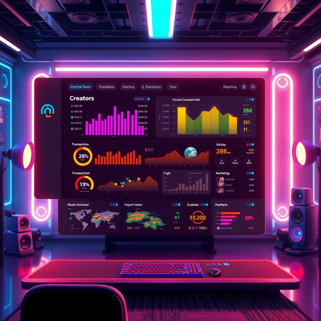 Creator analytics dashboard beside a virtual storefront inside a game editor