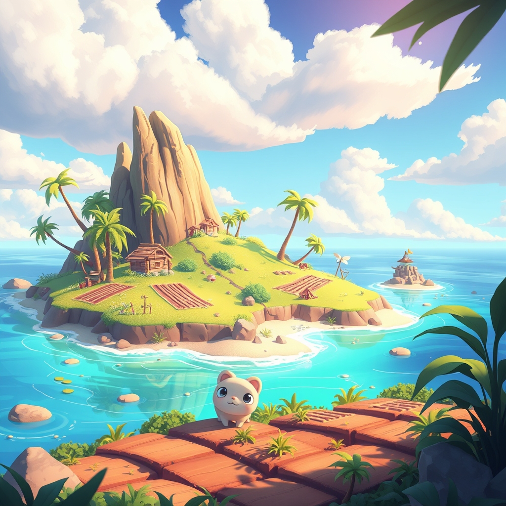 Stylized creature companion standing in a colorful island world