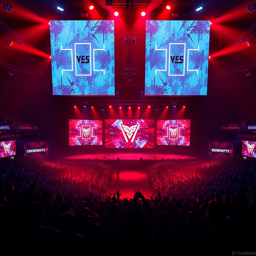 Competitive Fortnite stage with bright arena lights and ranked brackets