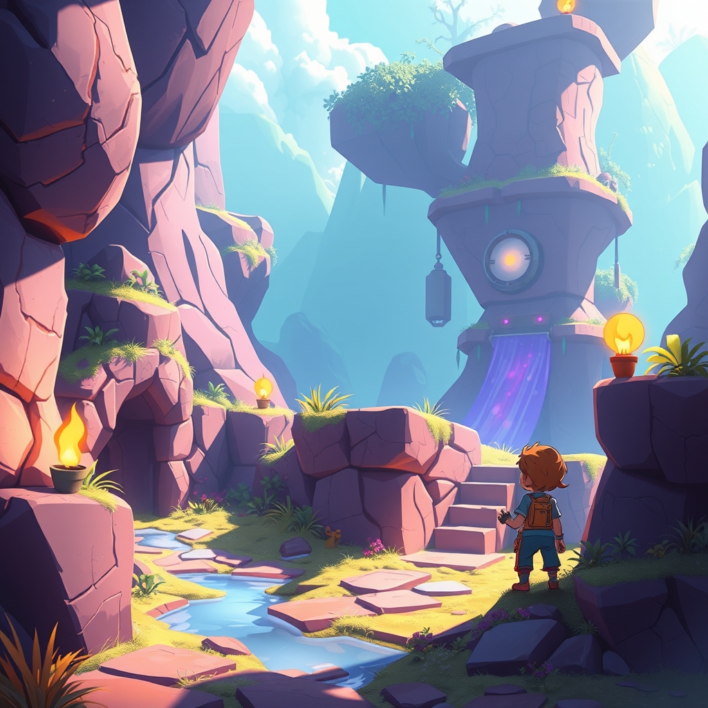 Friendly creature companion standing beside a builder in a colorful game world