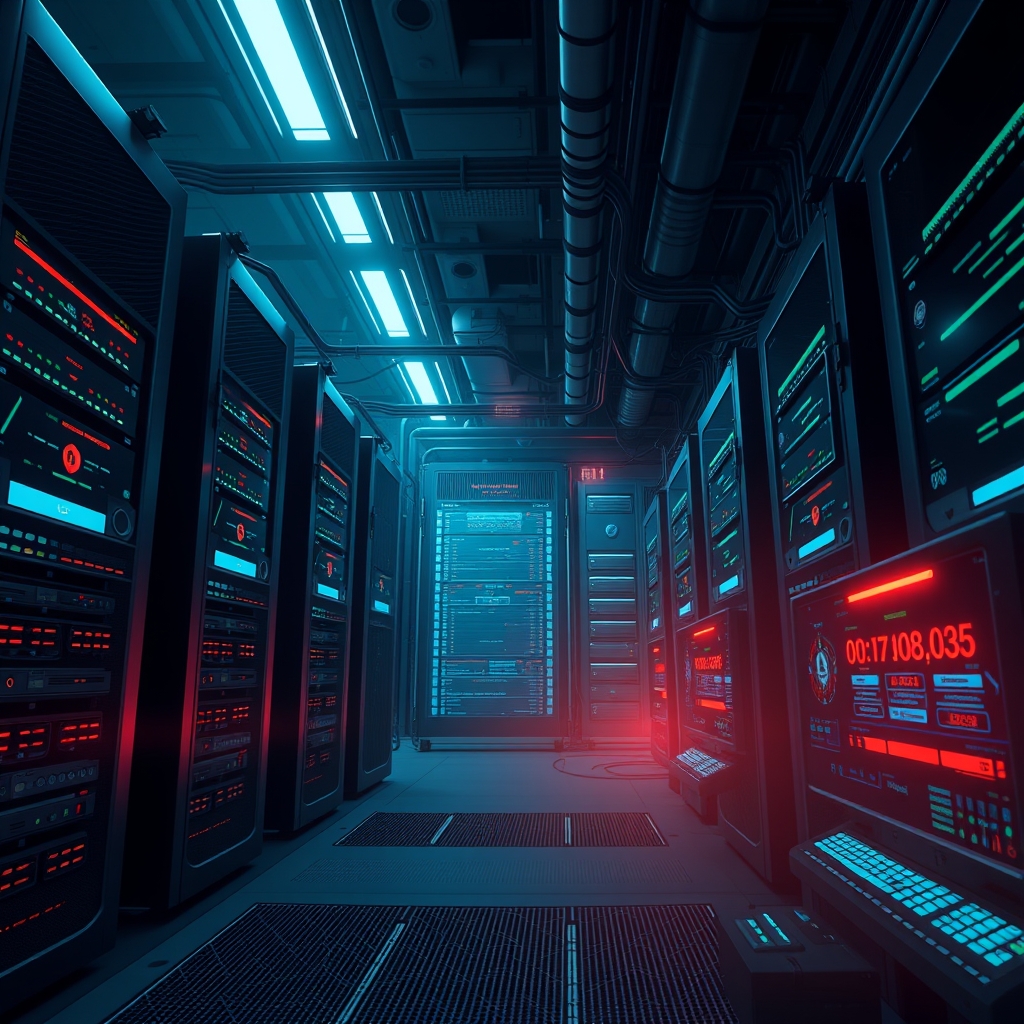 Server room lights with a scheduled maintenance alert on a dashboard
