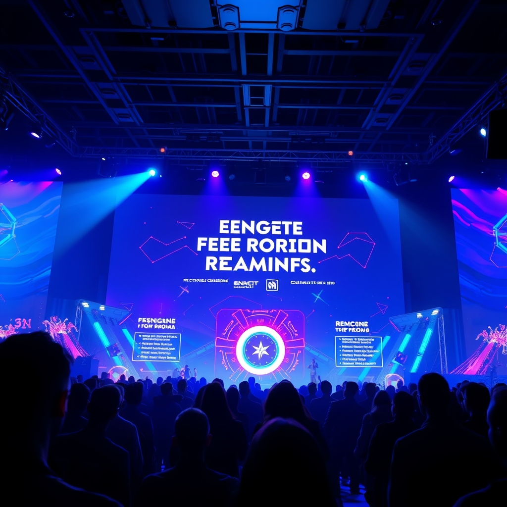 Futuristic game engine roadmap displayed on a large conference screen