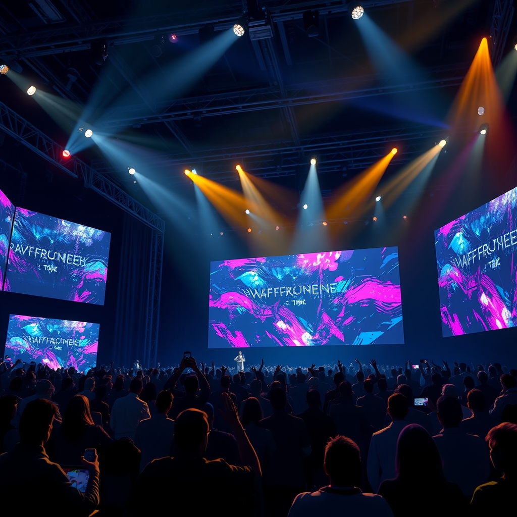 A packed showcase stage with screens showing upcoming game announcements
