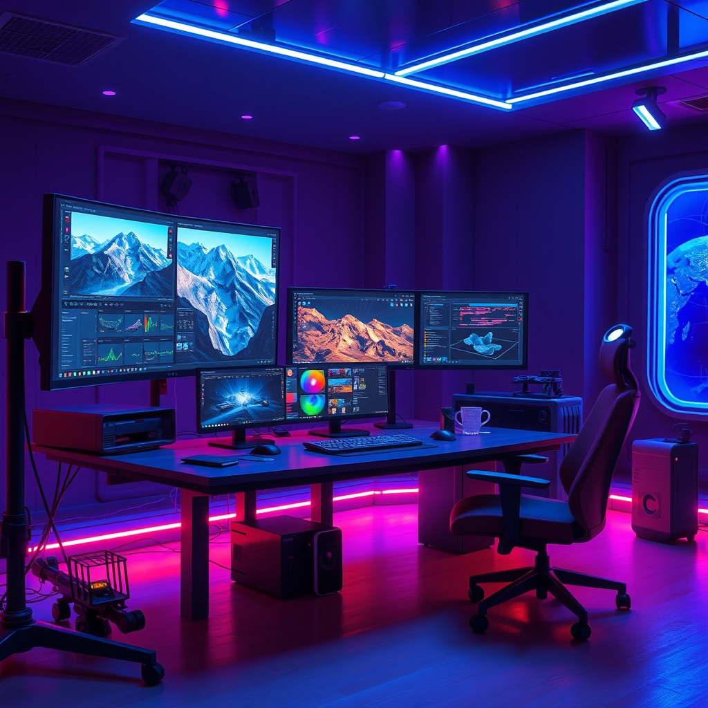 Developer workspace with a next-gen game engine dashboard and terrain tools