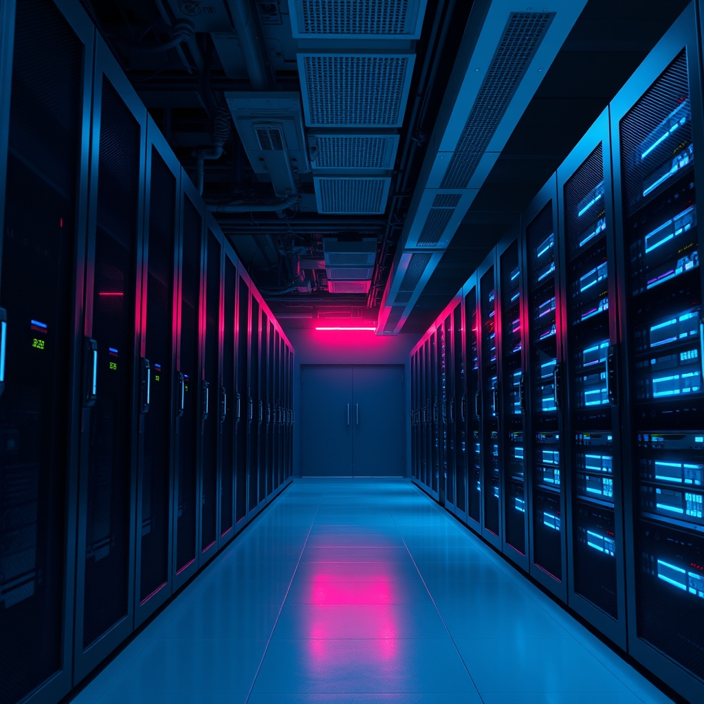 Server racks glowing in a data center during scheduled maintenance