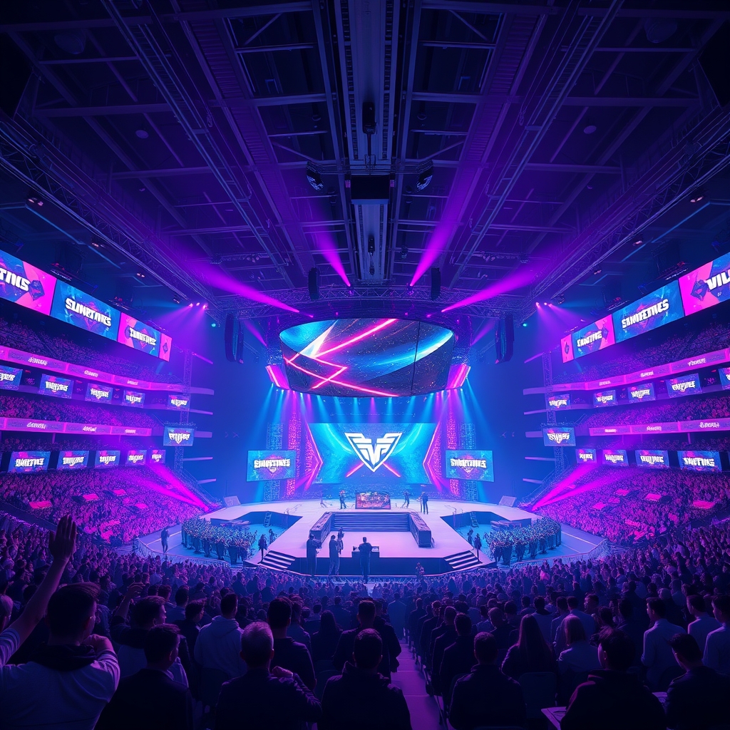 Esports arena stage with Fortnite-style lighting and a crowd