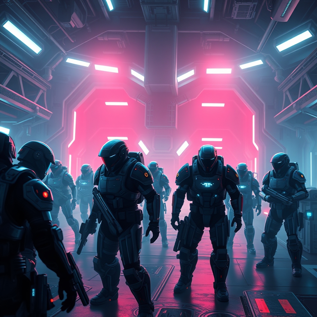 Stylized sci-fi warrior in a neon-lit hangar