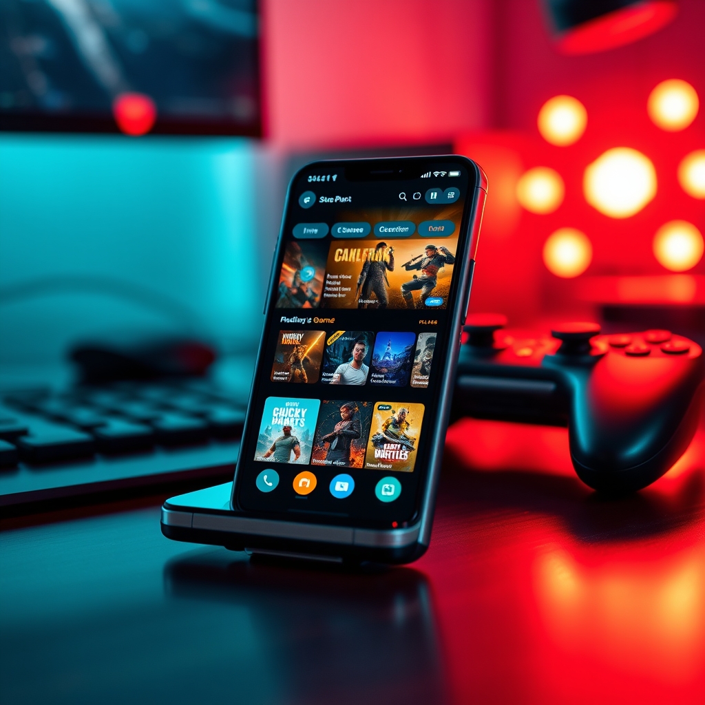 A smartphone displaying a game storefront beside a handheld controller on a clean desk