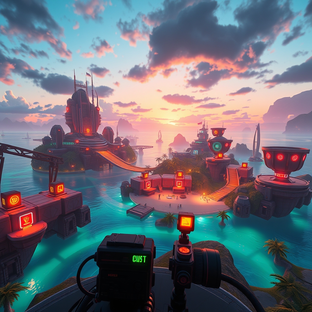 A futuristic island build with quest markers, hovering droids, and a cinematic camera setup