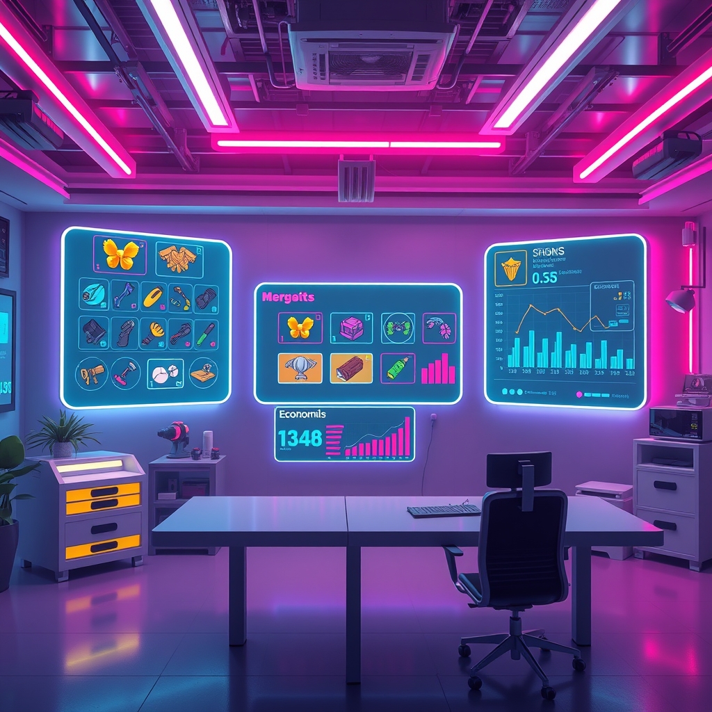 A creator designing a game economy panel beside custom item icons and inventory slots