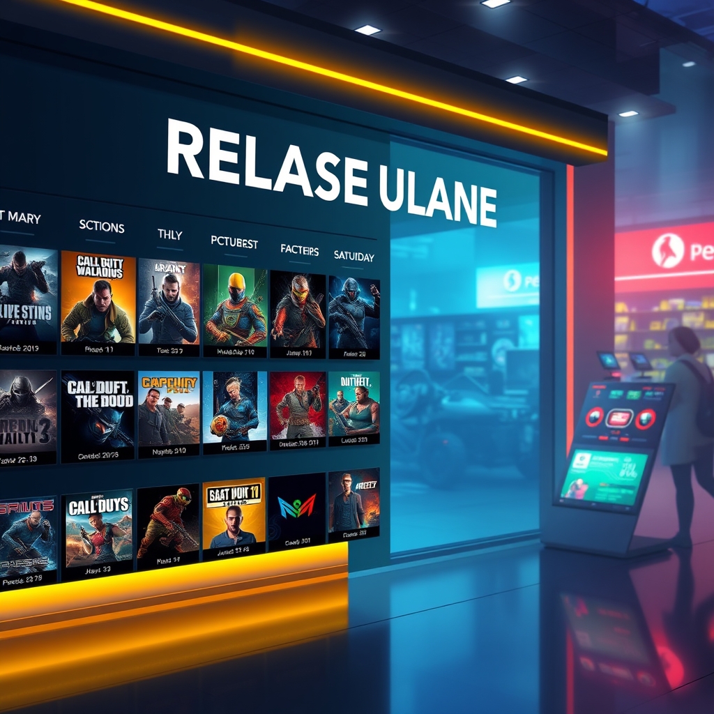 A storefront-like PC games release calendar with diverse game boxes and launch dates