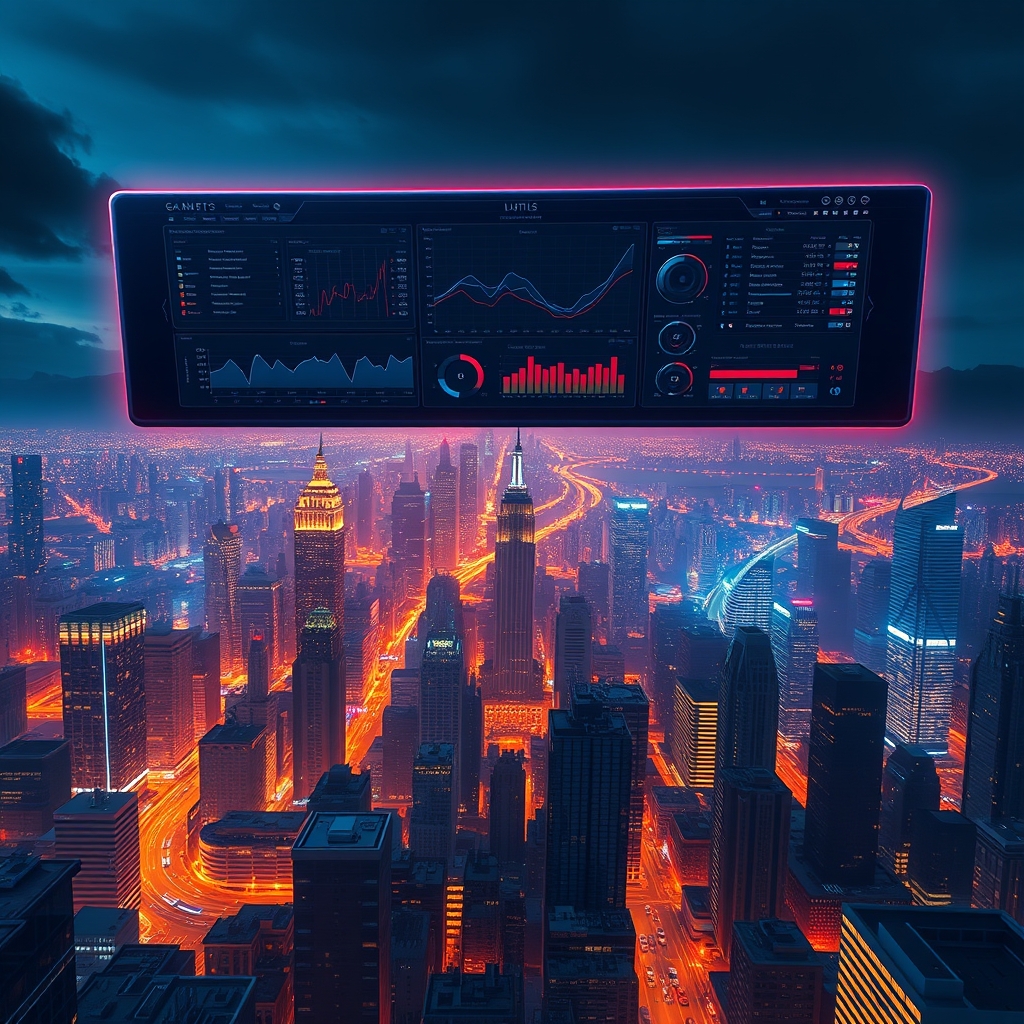 A modern game engine interface with timelines, node graphs, and a distant city skyline